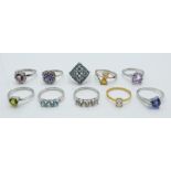 Ten silver rings set with zircon, fluorite, blue topaz, ametrine, tanzanite, amethyst, peridot,