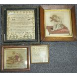 Four Victorian embroidery samplers including The Lord's Prayer and another by Sarah Harris 1864,