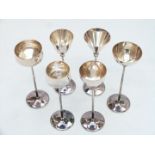 Six silver plated WMF long stem goblets with conical and bulbous bowls, height 14cm