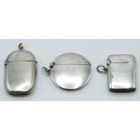 Three Victorian and later hallmarked silver vestas comprising circular example, Chester 1907,