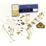 Swarovski bracelet, vintage jewellery boxes, agate necklace, Victorian stick pins and buttons,