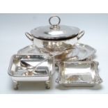Plated ware including pedestal soup tureen, food servers, trays / salvers, width of largest 42cm