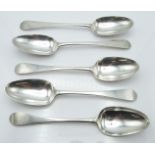 Georgian set of five bottom hallmarked silver table spoons, London 1767, maker John Lampfert, length