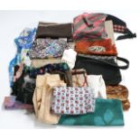 A collection of scarves, bags and vintage textiles including Christian Dior, jade mounted handbag,