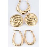 Two pairs of 9ct gold earrings and a single 9ct gold earring, 2.9g