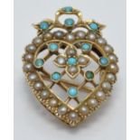 Victorian brooch in the form of a heart and bow set with turquoise and seed pearls, 1.5 x 2.5cm, 3g