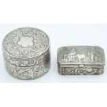 German white metal trinket box with embossed scene of shepherds to lid, German 800 grade silver