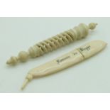 Two 19thC carved ivory needle cases comprising 'Souvenir de Dieppe' pea pod and a spirally carved