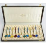 David Andersen cased set of 12 Norwegian silver gilt guilloché enamel coffee or teaspoons, marked