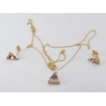 A 9ct gold necklace and earrings set with amethysts and diamonds, 2.5g