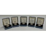 Five silver proof £1 coins,1986, 1987, 1990, 1991 and 1992, all cased with certificates