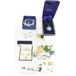 A collection of silver jewellery including necklaces, pendants, Wedgwood pendant, earrings, rings