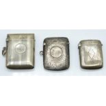 Three various hallmarked silver vesta cases comprising Birmingham 1908, 1920 and 1925, weight 59g