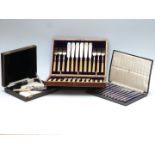Cased set of 12 hallmarked silver handled knives, cased set of hallmarked silver mounted fish eaters