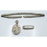 Victorian locket with bird and foliate decoration and chain, and another Victorian brooch with