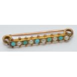 Edwardian yellow metal brooch set with alternating pearls and turquoise, 0.5 x 3.9cm, 2.8g