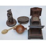 Black Forest bear pen holder, hinged inkwell in the form of a house or chalet, a carved box, treen