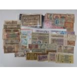 An interesting collection of early used world banknotes etc, includes World War 1 France 'Bon de 0.