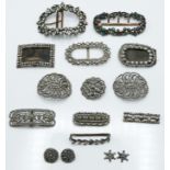 Eight Victorian cut steel buckles, three Victorian cut steel buttons, and two paste buckles