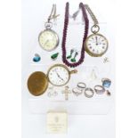 A garnet beaded necklace, silver rings, Ingersoll pocket watch, other pocket watches etc