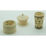 Three 19thC Indian Madras ware ivory and bone items including a dice shaker and two turned