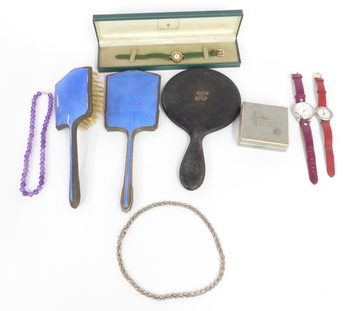 Hallmarked silver and guilloché mirrors, amethyst necklace, paste necklace, Gucci watch etc