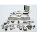 A collection of silver jewellery including bracelet, earrings, necklace, rings, gate bracelet,