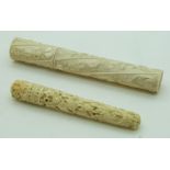 Two 19thC carved ivory needle cases comprising a Chinese example, longest 11cm