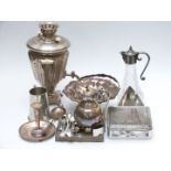 Silver plated ware to include samovar, swing handled basket, glass jug with plated mounts, tankards,