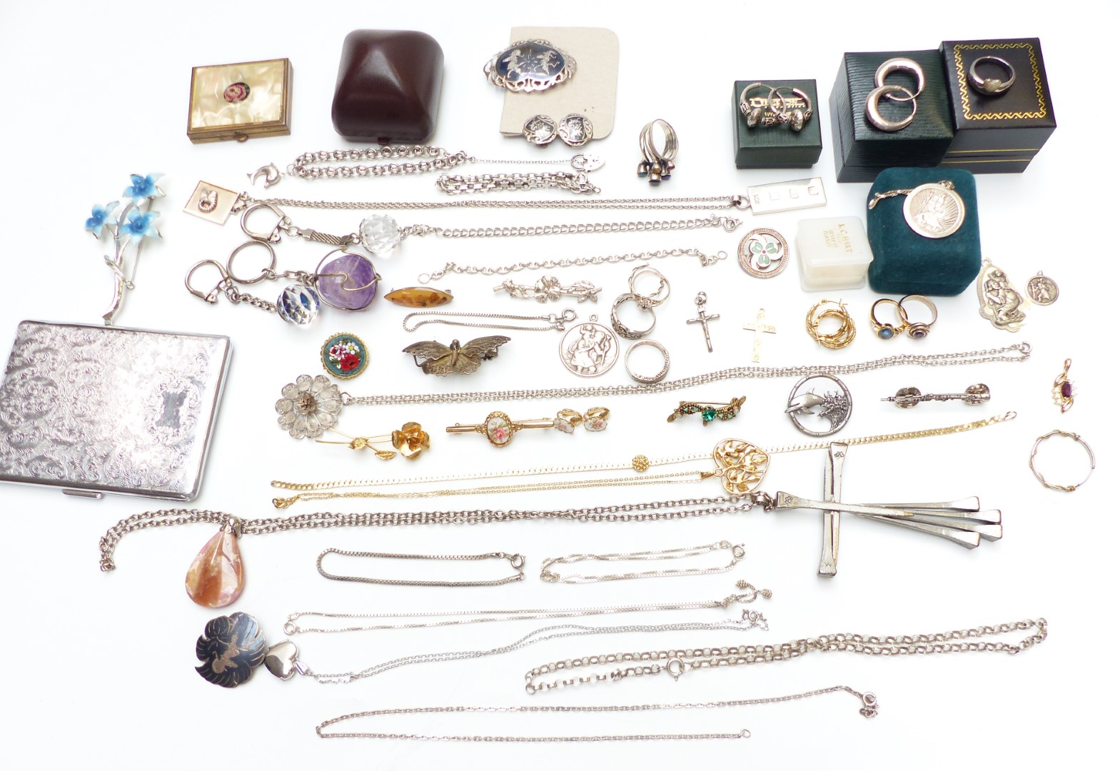 A collection of costume jewellery some silver including rings, chains, St Christopher, pendants etc