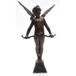 After Auguste Moreau, 'Vici' bronze figure of winged Cupid on plinth, with foundry mark verso,