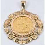 A 9ct gold pendant mount set with a 1911 gold full sovereign, 14.8g