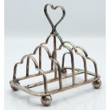 Victorian hallmarked silver five bar toast rack with heart shaped handle, Sheffield 1897 maker Atkin