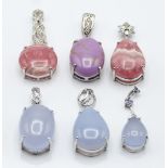 Six silver pendants, three set with chalcedony, one phosphosiderite and white sapphire, and two