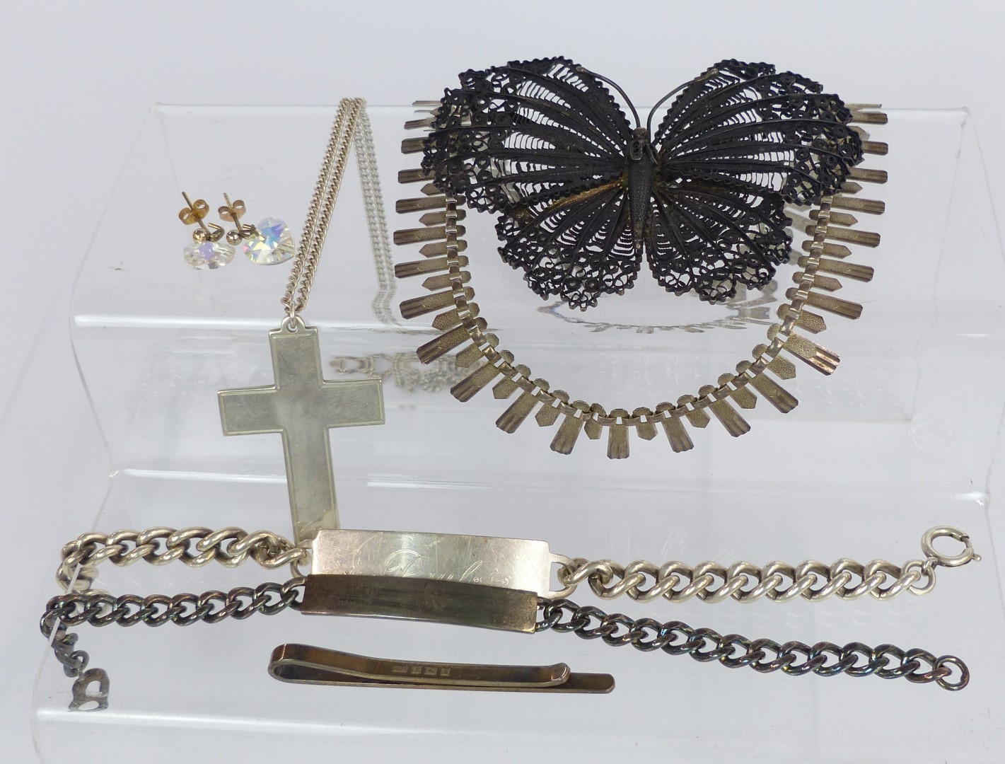 A large filigree butterfly brooch, silver cross and chain, two silver identity bracelets, silver - Image 2 of 2