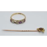 Art Nouveau 15ct gold stick pin set with a ruby and seed pearls (1g) and a 9ct gold ring set with