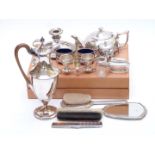 Canteen of Maple cutlery, silver plated ewer, cruets with blue glass liners, hallmarked silver