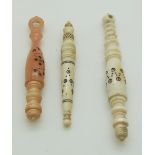 Three 19thC turned ivory Indian Madras ware stilettos, longest 6cm