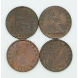 Four 1860 young head Victoria halfpennies to include T.B, B.B, 4 berries, round top to lighthouse