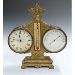 Late 19th/ early 20thC clock, barometer and thermometer compendium on painted metal stand, W22.5cm