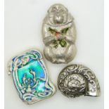 Three novelty silver plated vesta cases, one formed as a monkey, another with Art Nouveau enamel