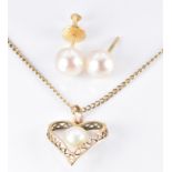 A pair of 14k gold earrings set with a pearl to each and a 9ct gold necklace set with a pearl, 4.5g