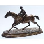 Silver plated figure of a jockey on horseback, marked Mene to base, H27 x L42cm