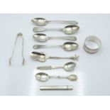 Hallmarked silver and white metal items to include napkin ring, souvenir spoons, Mordan pencil