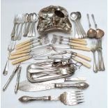 Silver plated cutlery including apostle spoons, wick scissors and basket with buckle handle, width