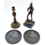 Bronze Pied Piper figure, 19thC ornate gilt metal candlestick and two circular plaques, height of