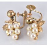 A pair of 9ct gold earrings set with pearls in the form of bunches of grapes, in original box