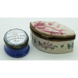 Two 19thC Bilston or similar enamel boxes, one with motto to lid, width of larger 7cm
