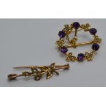 Edwardian 9ct gold brooch set with amethysts and seed pearls and a yellow metal brooch set with seed