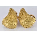 A pair of retro 18ct gold earrings in a stylised feather design, 11.3g